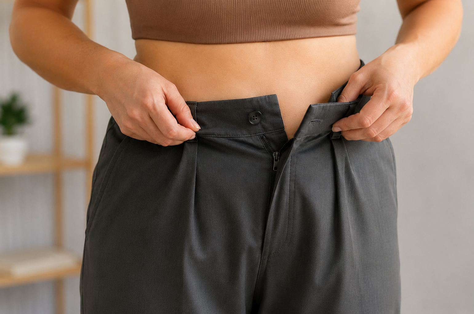 Mulher tentando fechar a calça que não serve mais