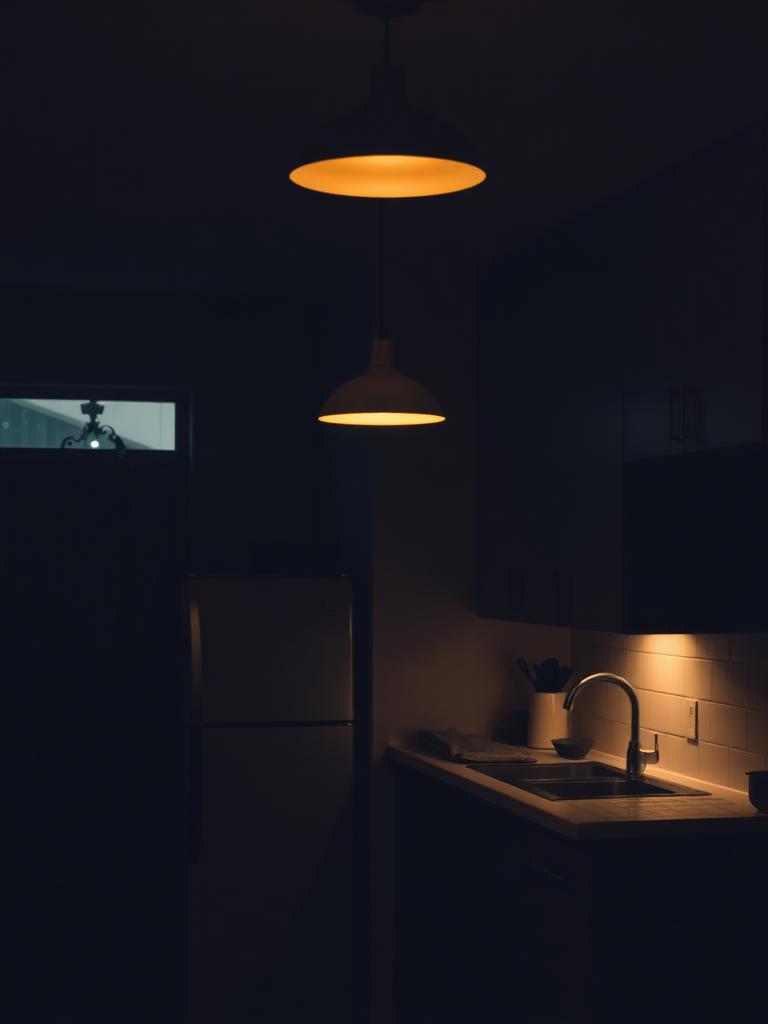 Cozinha doméstica iluminada à noite — ambiente real da rotina da persona